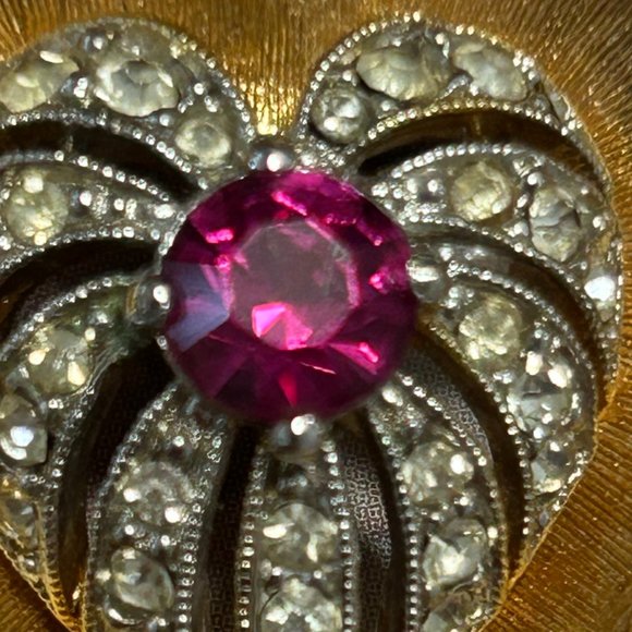 Vintage Estate Signed Napier Gold Loving Heart Ruby Red Rhinestone Pin Brooch - Picture 8 of 8